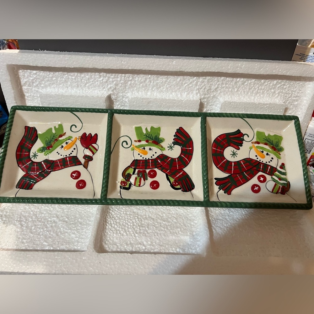 Fitz and Floyd Holly Hat Snowman 3 sectional server